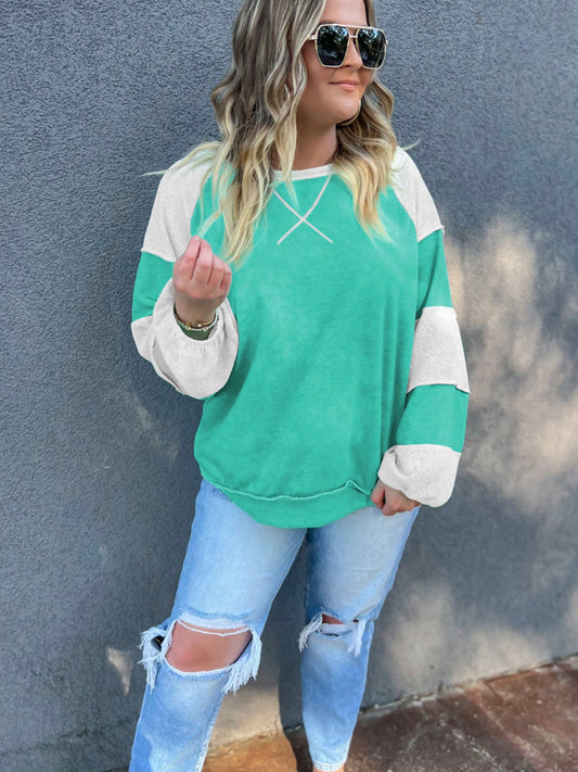 Aruba Blue Colorblock Patchwork Crewneck Long Sleeve Plus Size Sweatshirt