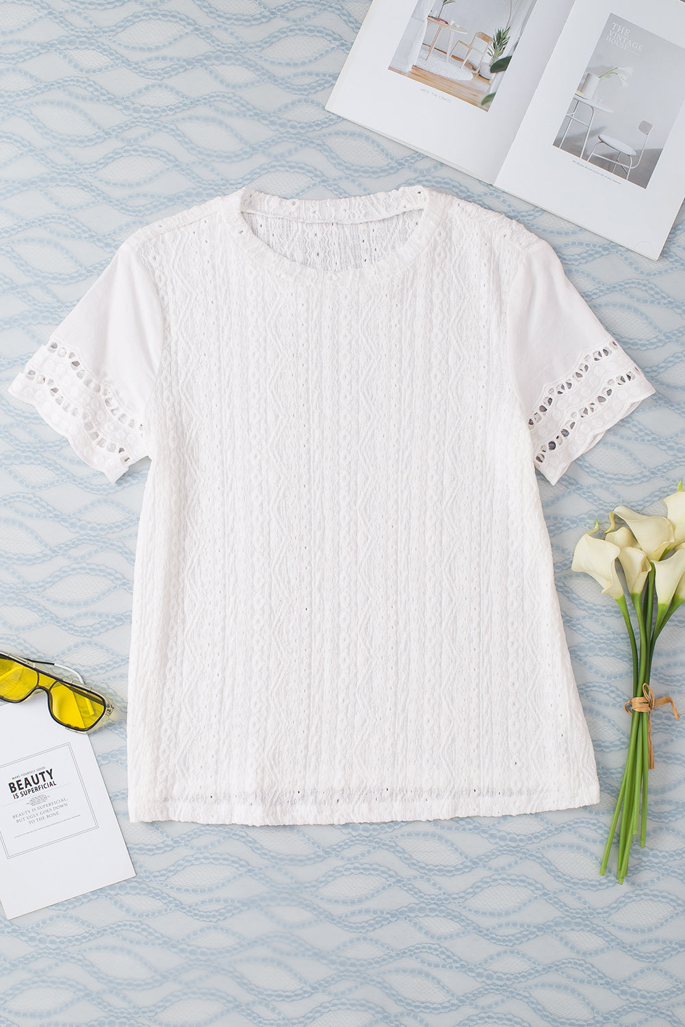 White Eyelet Embroidery Scalloped Short Sleeve Top