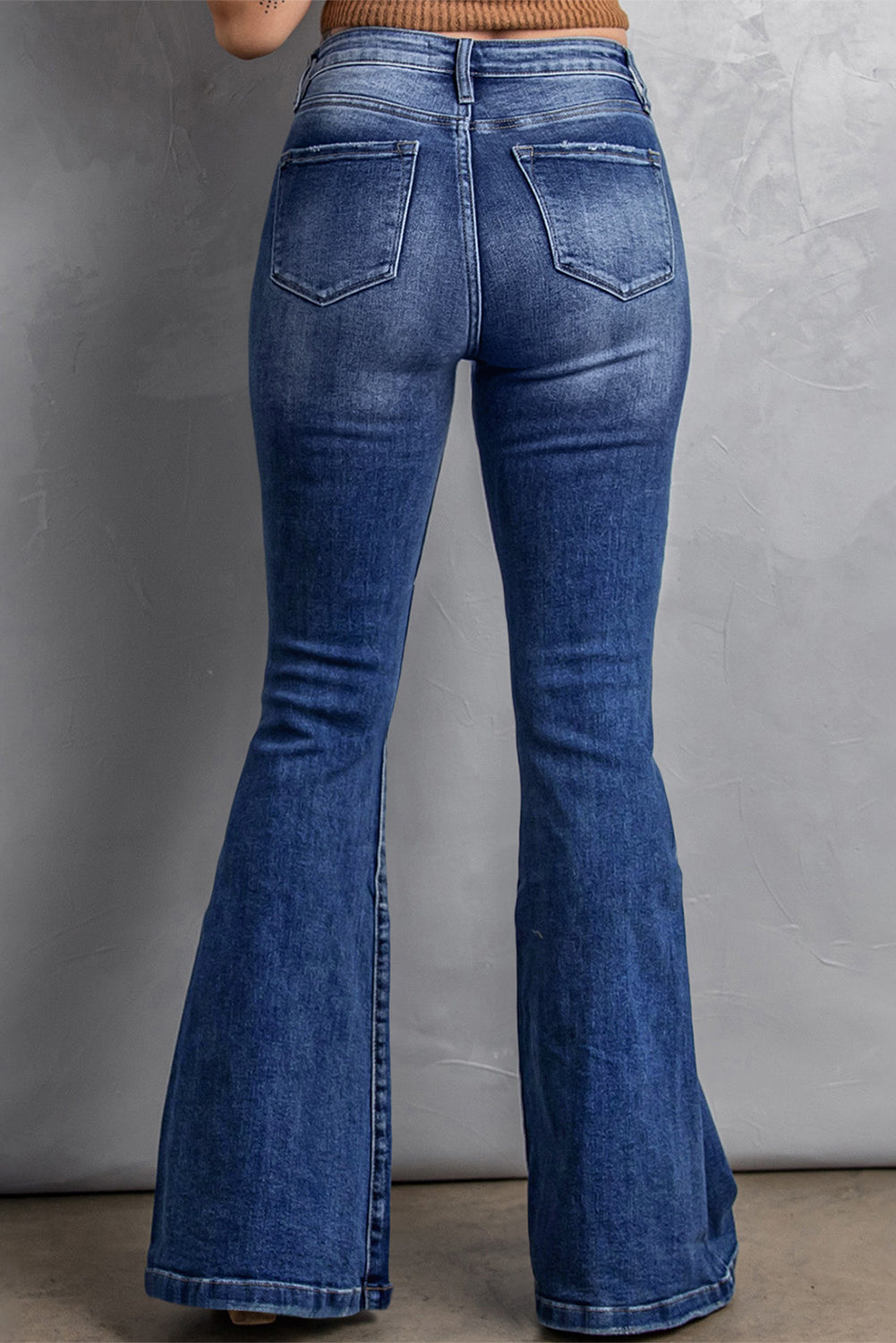 Dark Blue Plus Size Stitching Washed Flare Jeans