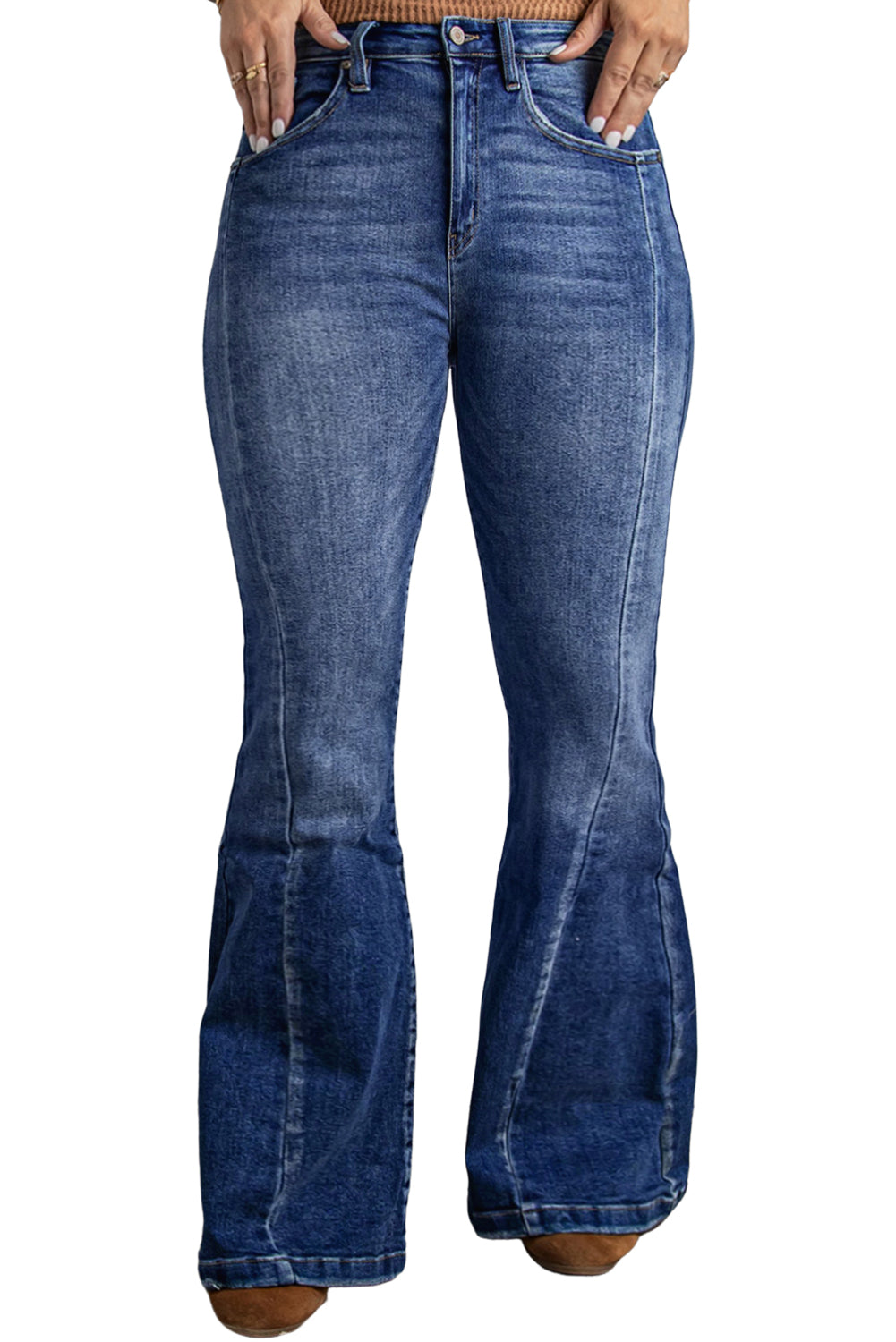 Dark Blue Plus Size Stitching Washed Flare Jeans