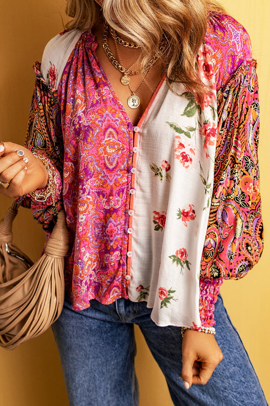 Multicolor Floral Patchwork Shirred Cuff Buttoned V Neck Blouse