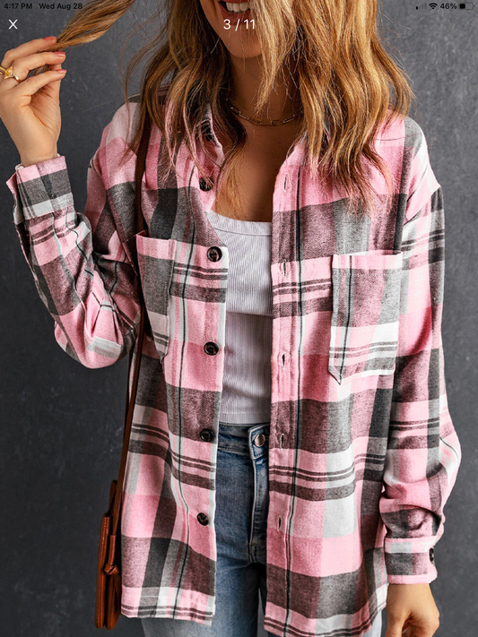 Pink Plaid Button Up Patch Pocket