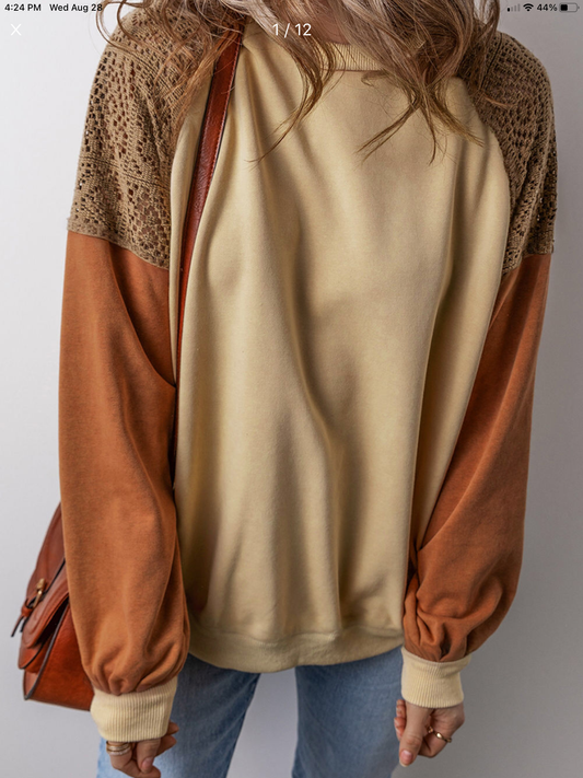 Khaki Lace Patchwork Colorblock Drop Shoulder Sweatshirt