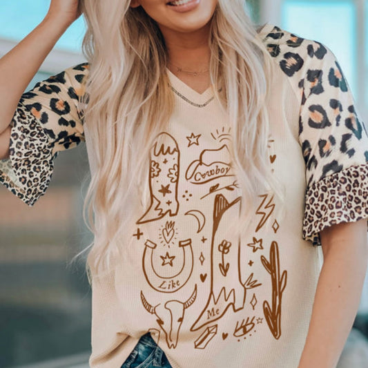 Khaki Western Leopard Waffle Knit T Shirt