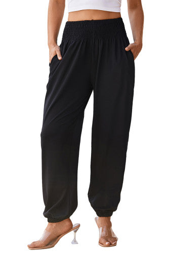 Black Smocked High Waist Joggers