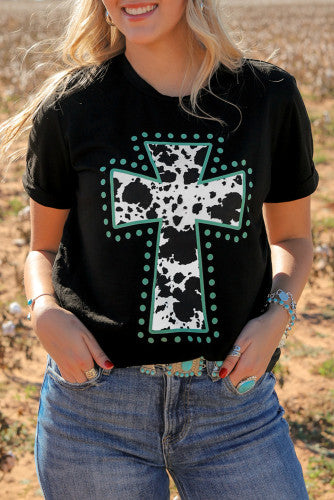 Western Cow Print Cross T Shirt