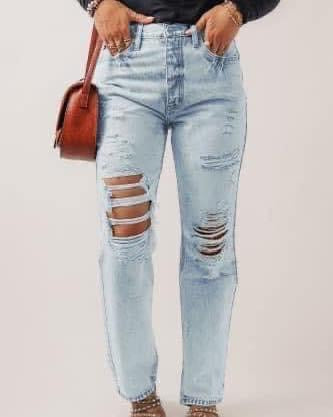 Blue Vintage Acid Wash Distressed Straight Leg Jeans