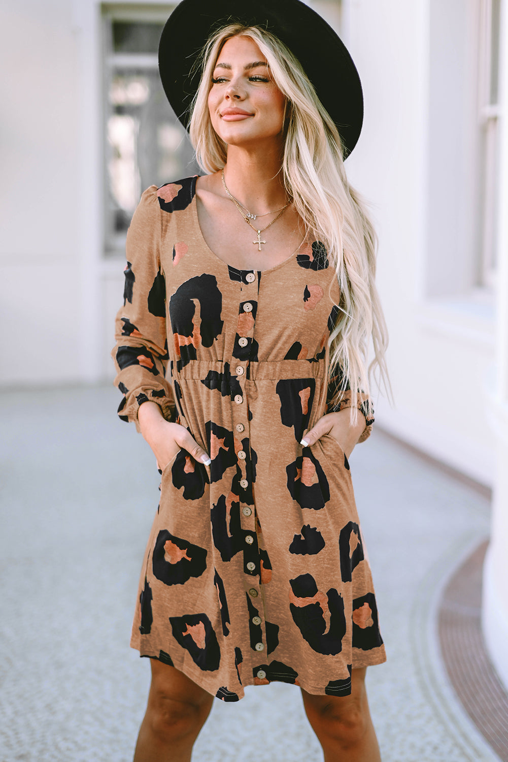 Leopard Print Button Front Bubble Sleeve Loose Knit Dress