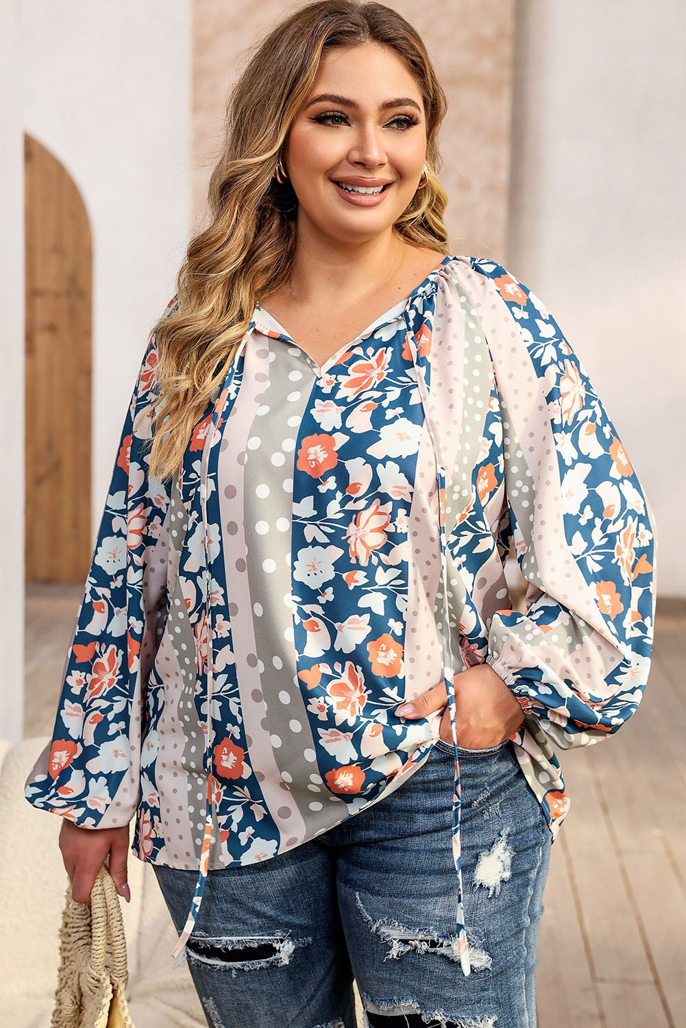 Multicolor Plus Size Mixed Print Split Neck Blouse